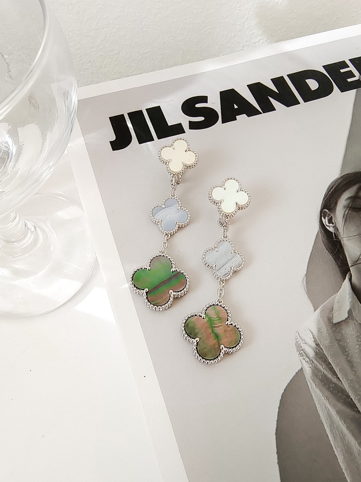 ¡®Lume Jewelry¡¯CLOVER 3 MOTIFS CHALCEDONY DARK MOP SILVER EARRINGS